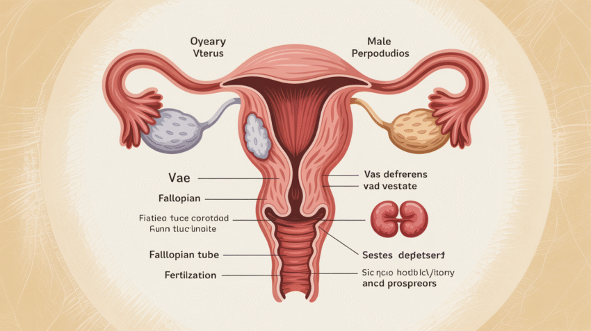 Ilustrasi kesehatan reproduksi pria dan wanita dengan diagram anatomi