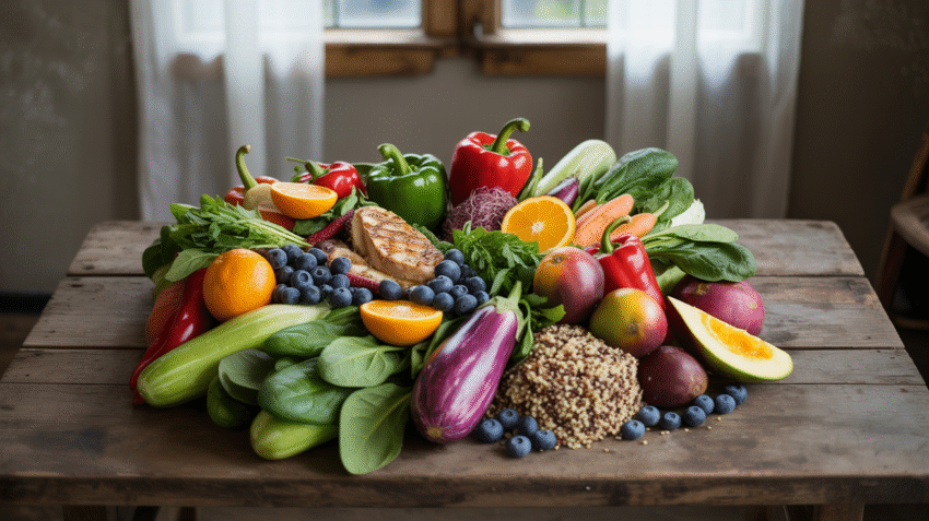 Berbagai jenis makanan sehat dengan komposisi gizi seimbang di atas meja kayu