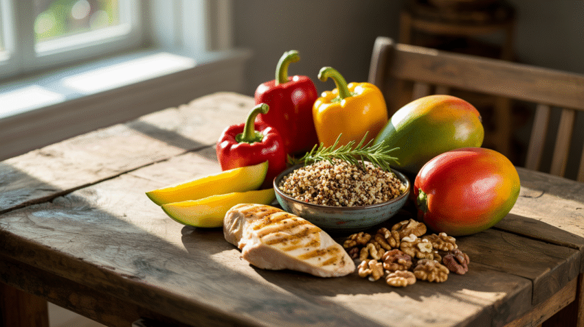 Contoh makanan sehat bergizi seimbang dengan sayuran dan buah-buahan segar