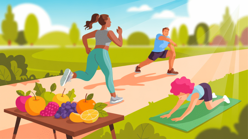 Ilustrasi pola hidup sehat dengan orang sedang berolahraga dan makan makanan sehat