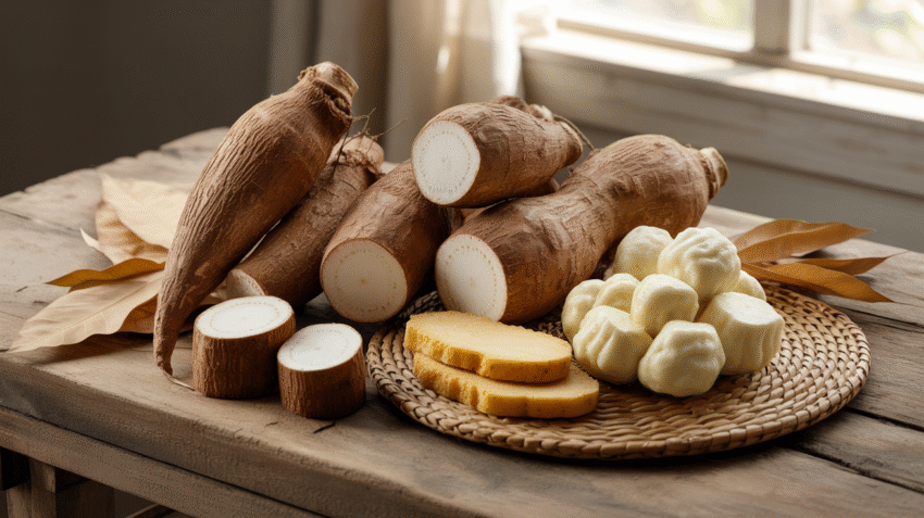 Singkong segar dengan irisan dan olahan makanan dari singkong