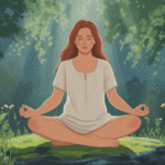 Wanita sedang meditasi dengan pose lotus di alam terbuka, tampak tenang dan damai