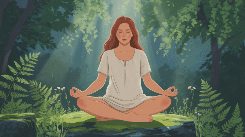 Wanita sedang meditasi dengan pose lotus di alam terbuka, tampak tenang dan damai