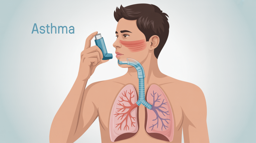 Ilustrasi penderita asma sedang menggunakan inhaler untuk mengatasi sesak napas