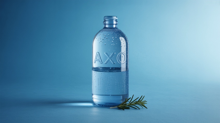Botol Axo Air Mineral dengan tetesan air segar di latar belakang biru