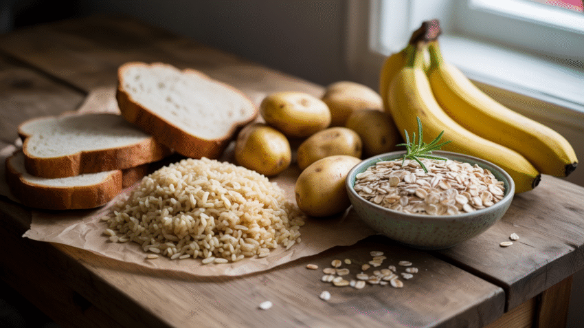 Berbagai bahan makanan sumber karbohidrat sehat seperti nasi, roti gandum, kentang, dan buah-buahan