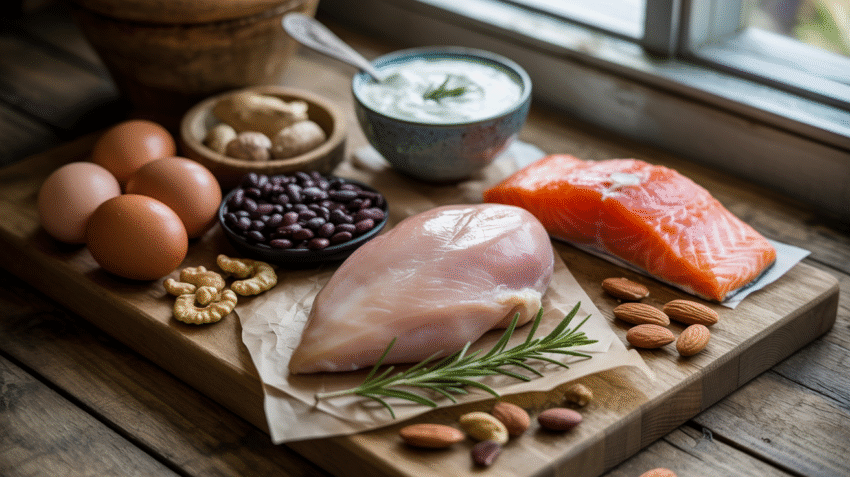 Berbagai bahan makanan sumber protein tinggi seperti daging, telur, kacang-kacangan, dan ikan
