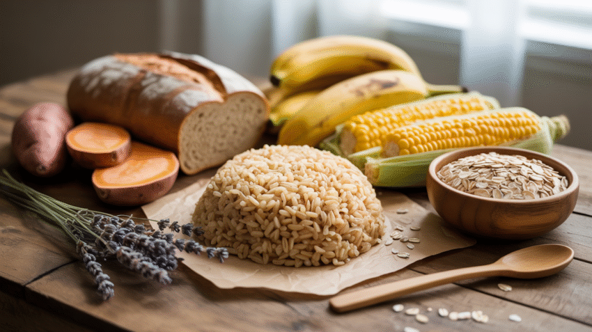 Berbagai bahan makanan sumber karbohidrat sehat seperti nasi, kentang, roti gandum, dan buah-buahan