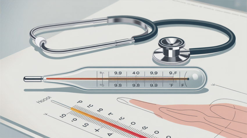 Ilustrasi termometer medis dengan latar belakang stetoskop dan grafik suhu tubuh