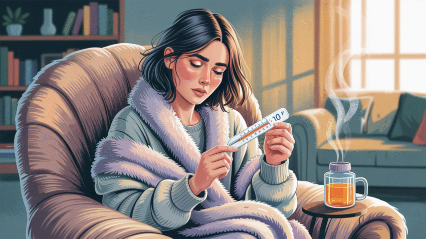 Ilustrasi orang dewasa sedang sakit batuk pilek demam dengan termometer dan obat