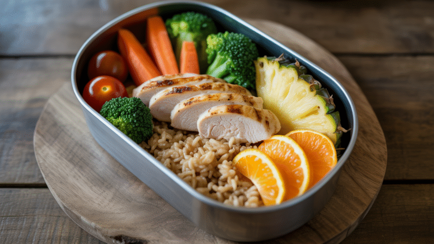 Bekal makanan sehat dengan berbagai sayuran dan protein dalam kotak makan yang rapi