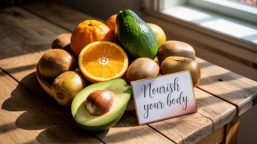 Buah-buahan kaya vitamin D seperti jeruk, alpukat, dan kiwi disusun menarik di atas meja kayu