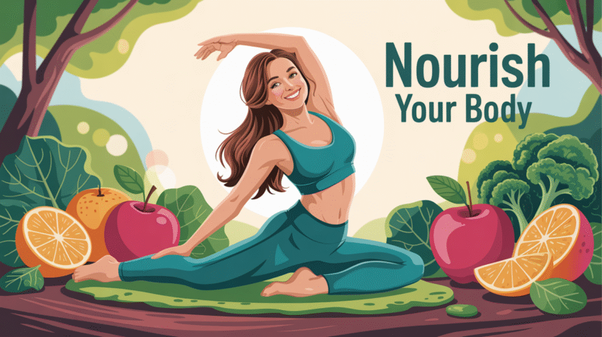 Ilustrasi cara diet sehat alami dengan makanan bergizi dan olahraga