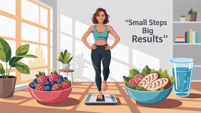 Ilustrasi cara diet sehat menurunkan berat badan dengan makanan sehat dan olahraga