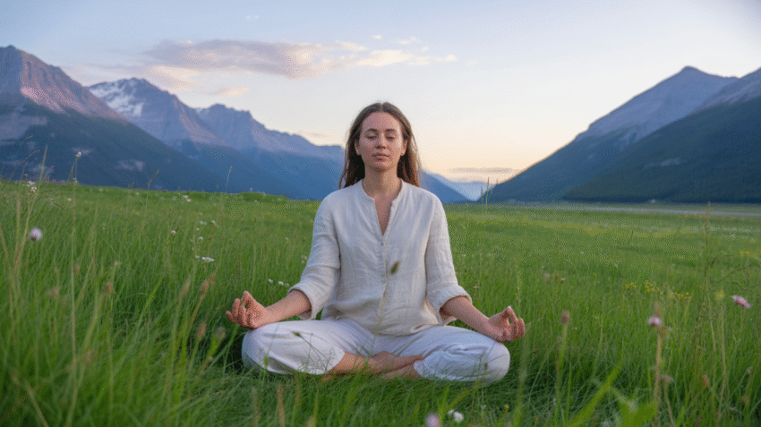 Ilustrasi seseorang yang sedang meditasi dengan latar belakang alam yang tenang