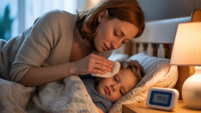 Ibu merawat anak demam dengan kompres hangat