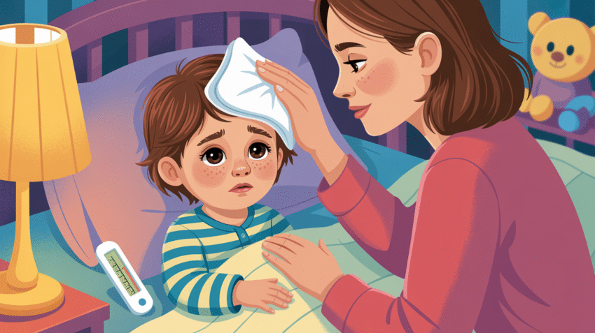 Ilustrasi cara mengobati demam dengan kompres dan termometer