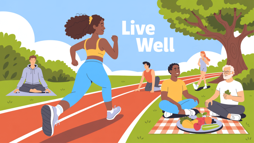 Ilustrasi pola hidup sehat dengan orang berolahraga dan makanan sehat