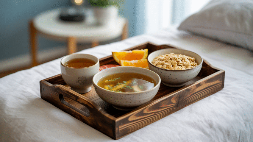 Cemilan sehat untuk orang sakit demam di atas nampan kayu
