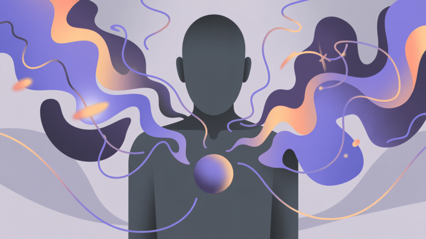 Ilustrasi ciri-ciri skizofrenia dengan gambar simbolik otak dan pikiran