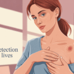 Ilustrasi wanita memeriksa payudara untuk mendeteksi ciri kanker payudara