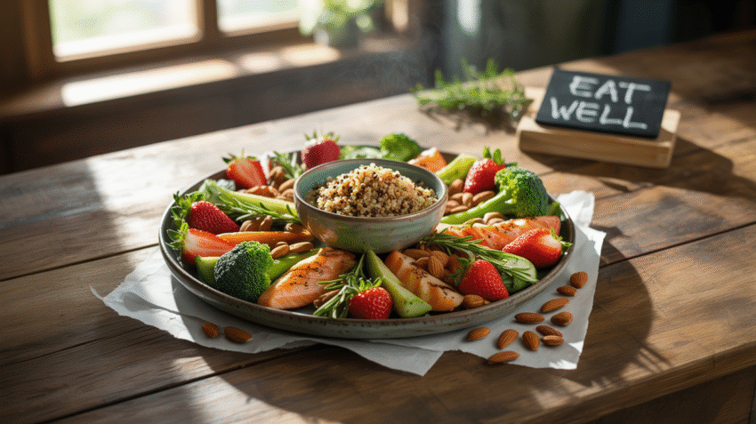 Contoh makanan sehat dan bergizi dengan berbagai sayuran, buah, dan protein