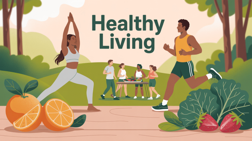 Ilustrasi contoh pola hidup sehat dengan orang berolahraga dan makanan sehat
