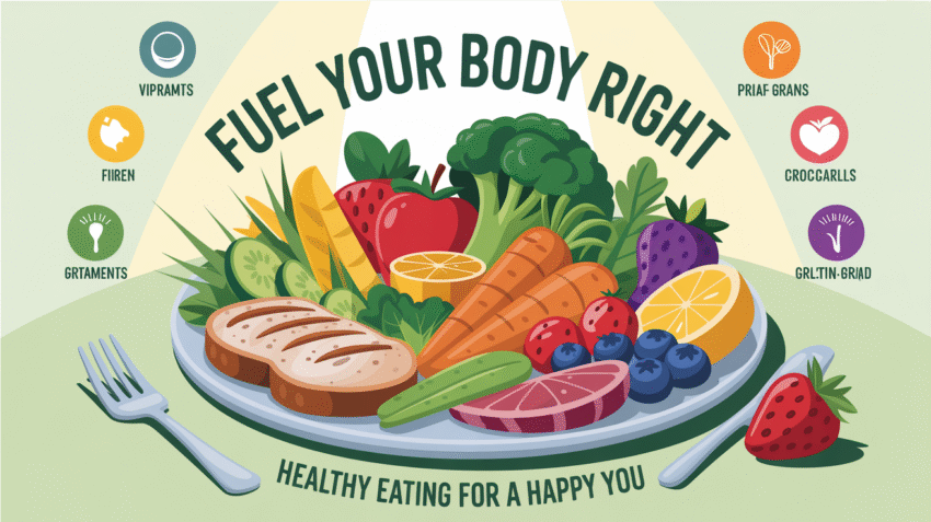 Contoh poster makanan sehat dengan ilustrasi buah, sayur, dan piramida gizi