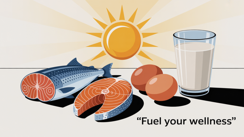 Gambar ilustrasi vitamin D, makanan yang kaya vitamin D, dan sinar matahari
