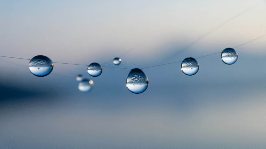 Clear crystalline air mineral water droplets on blue background