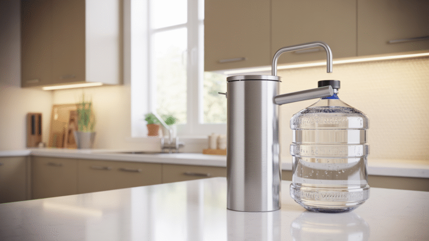 Galon air mineral dengan tetesan air segar di latar belakang dapur modern