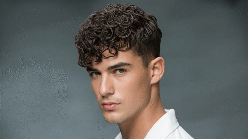 Model pria dengan gaya rambut keriting pendek stylish