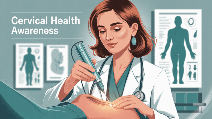 Ilustrasi wanita memeriksa kesehatan serviks dengan latar belakang medis