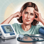 Ilustrasi gejala hipertensi dengan gambar orang memegang kepala dan monitor tekanan darah