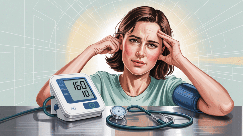 Ilustrasi gejala hipertensi dengan gambar orang memegang kepala dan monitor tekanan darah