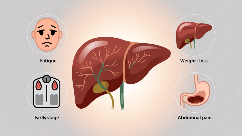 Ilustrasi gejala kanker hati stadium awal dengan gambar hati dan tanda peringatan