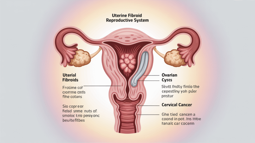 Ilustrasi perbandingan gejala miom, kista, dan kanker serviks pada sistem reproduksi wanita