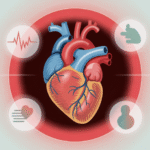 Ilustrasi gejala penyakit jantung dengan gambar jantung dan tanda peringatan