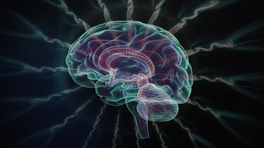 Ilustrasi gejala skizofrenia dengan tampilan otak dan pola psikosis