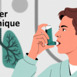 Ilustrasi penggunaan inhaler asma yang benar dengan latar belakang medis