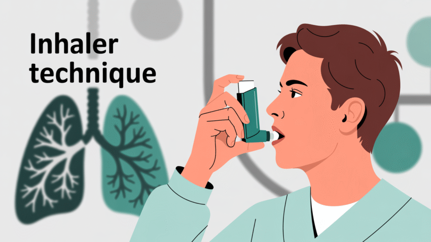 Ilustrasi penggunaan inhaler asma yang benar dengan latar belakang medis