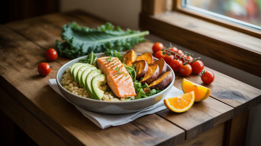 Ilustrasi makanan sehat dengan berbagai buah, sayuran, dan protein