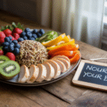 Ilustrasi makanan sehat dengan berbagai buah, sayuran, dan protein