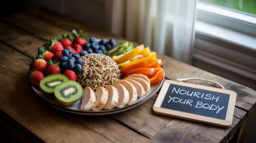 Ilustrasi makanan sehat dengan berbagai buah, sayuran, dan protein