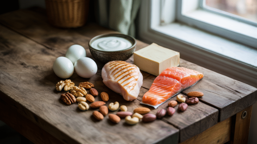 Berbagai jenis makanan sumber protein tinggi seperti daging, telur, kacang-kacangan, dan ikan