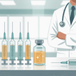 Ilustrasi berbagai jenis vaksin COVID dengan dokter dan stetoskop