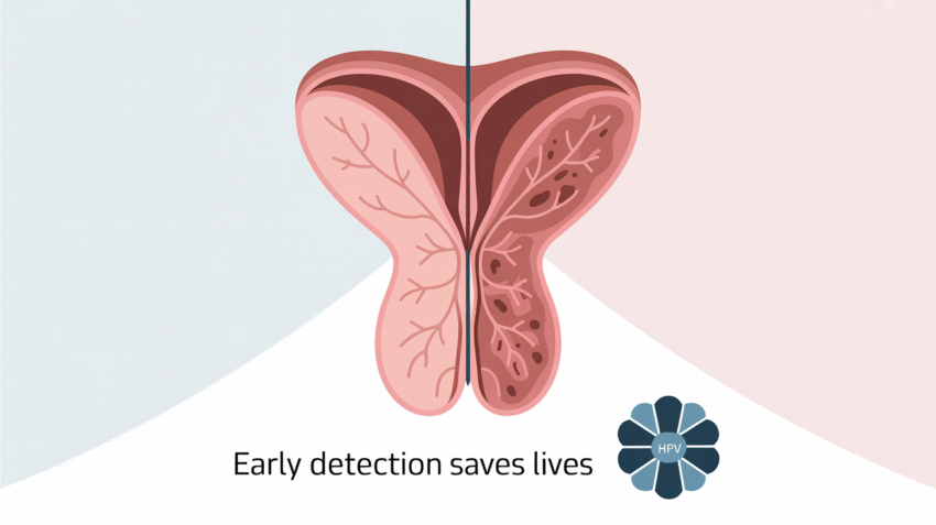 Ilustrasi edukasi kanker serviks dengan gambar serviks sehat dan tidak sehat