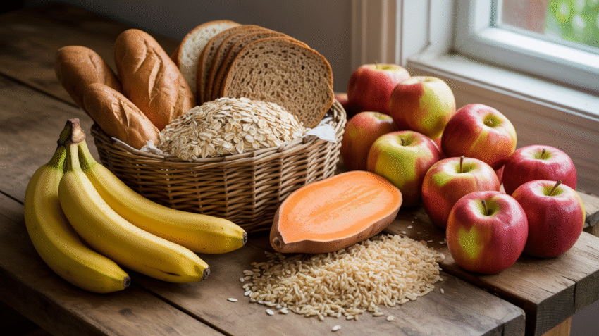 Berbagai jenis makanan sumber karbohidrat sehat seperti nasi, roti gandum, kentang, dan buah-buahan