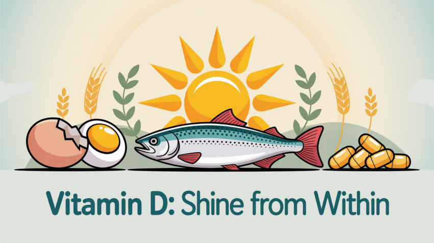 Ilustrasi vitamin D dengan sinar matahari dan makanan sumber vitamin D