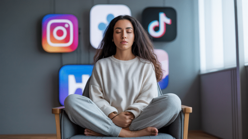 Gambar ilustrasi yang menggambarkan keseimbangan antara teknologi dan kesehatan mental